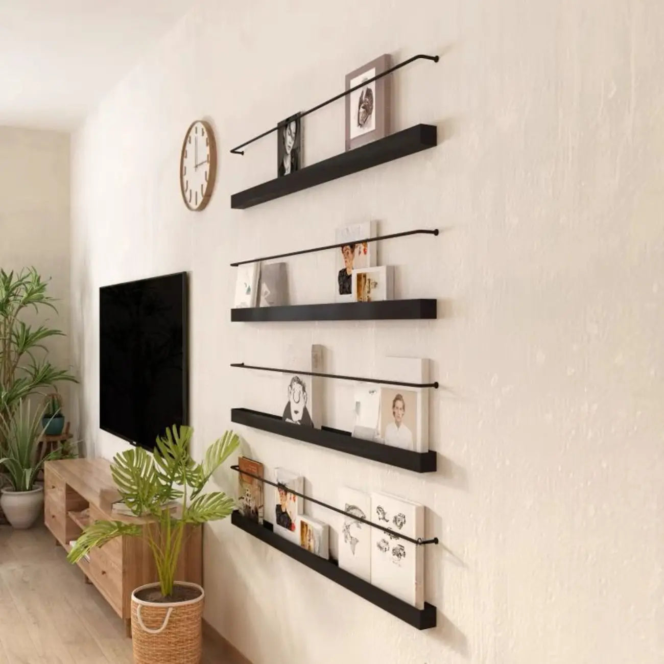 Simple Black Metal Wall-Mounted Bookshelf Set