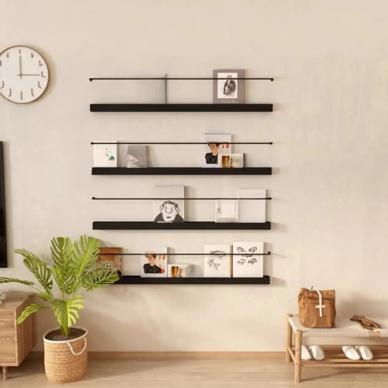 Simple Black Metal Wall-Mounted Bookshelf Set