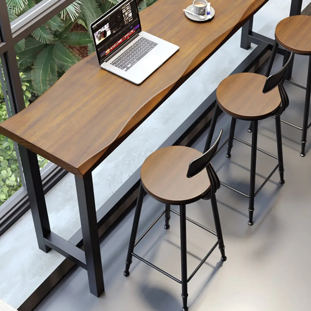 Modern Brown Wooden Grain Iron Trestle Bar Tables