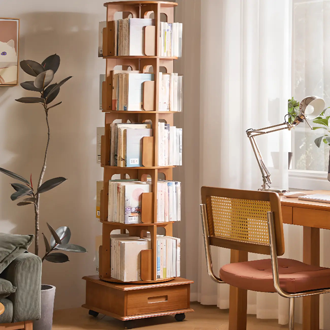 Narrow Rotating Cherry Wood Vertical Bookcase With Drawer