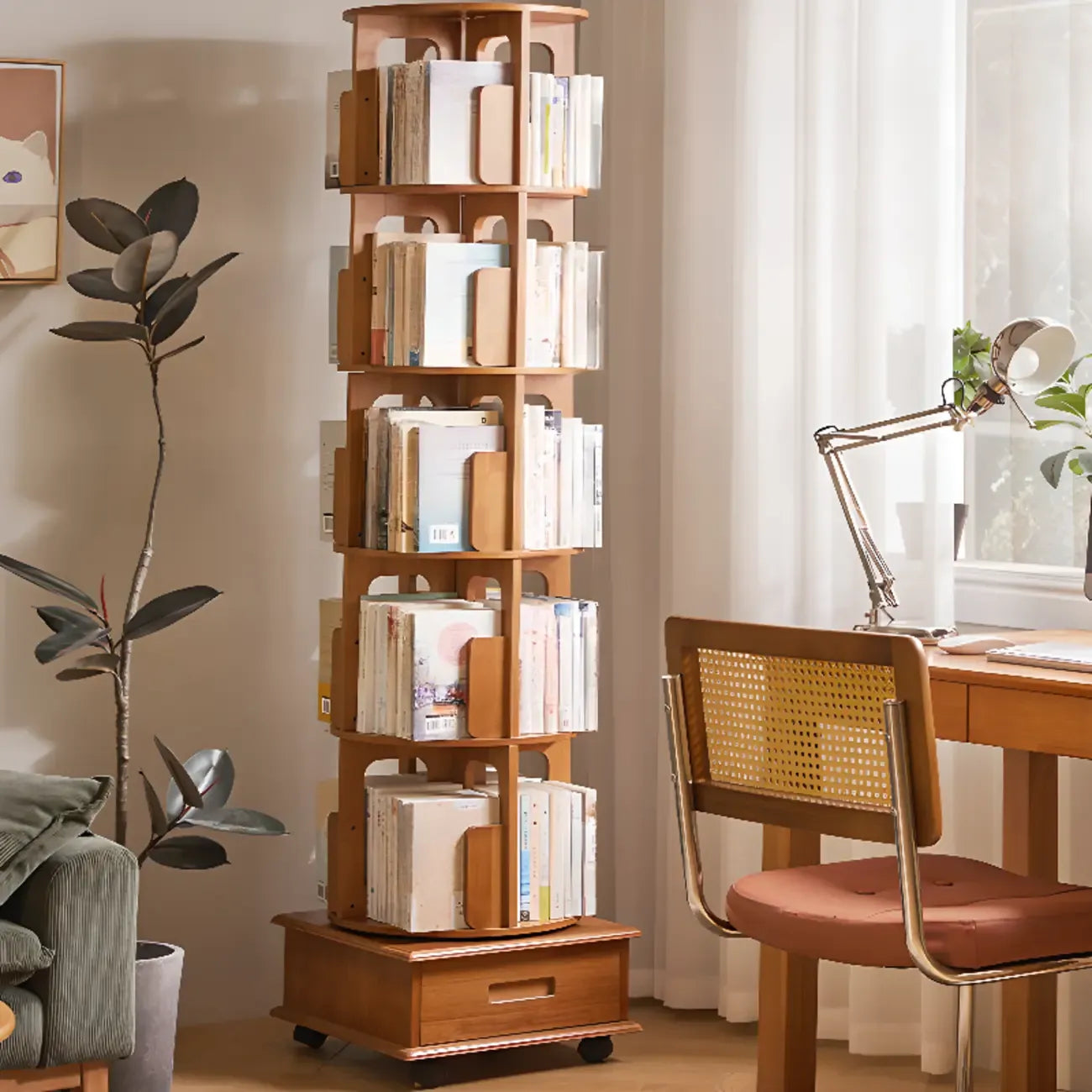 Narrow Rotating Cherry Wood Vertical Bookcase With Drawer