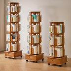 Narrow Rotating Cherry Wood Vertical Bookcase With Drawer