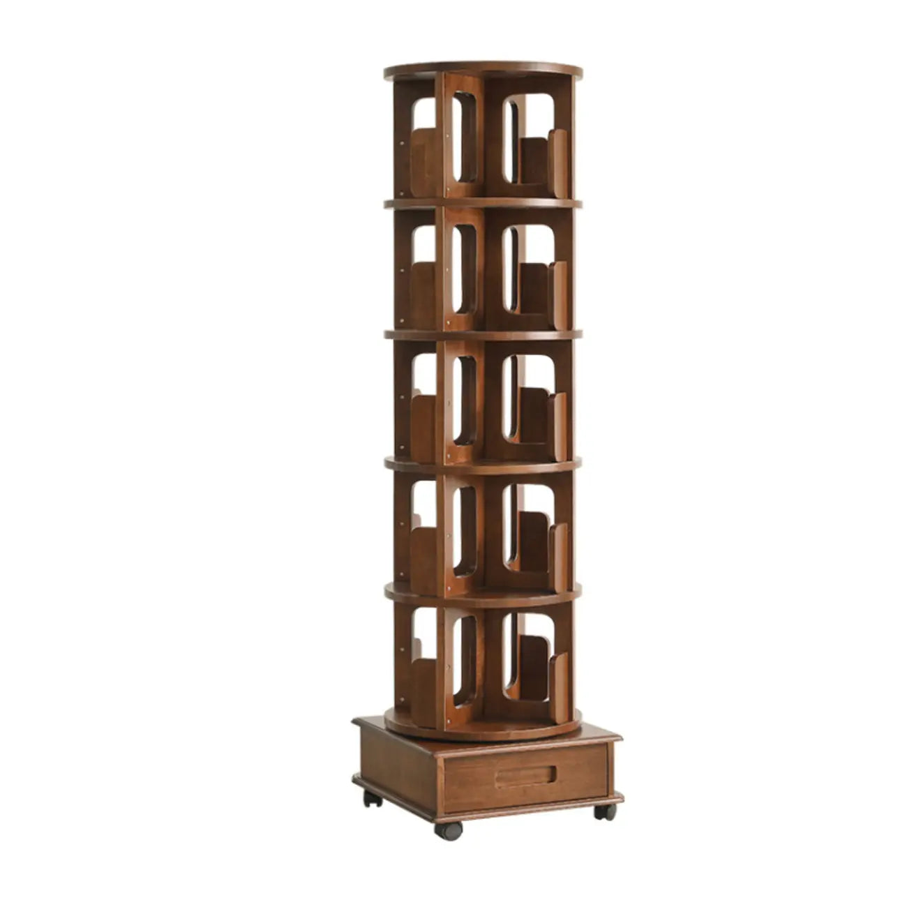 Narrow Rotating Cherry Wood Vertical Bookcase With Drawer