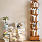Narrow Rotating Cherry Wood Vertical Bookcase With Drawer