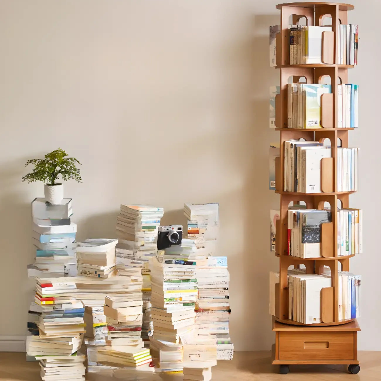Narrow Rotating Cherry Wood Vertical Bookcase With Drawer