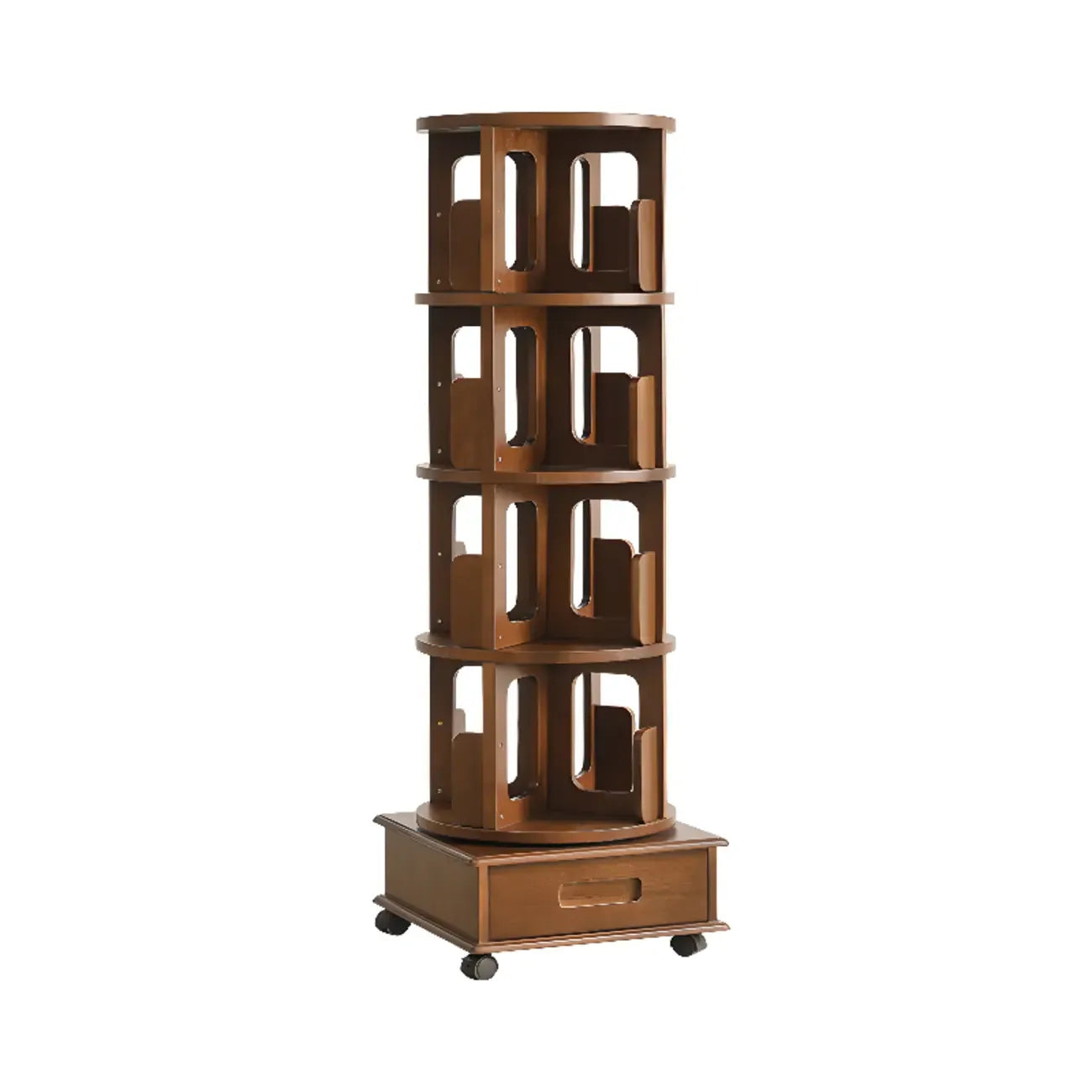 Narrow Rotating Cherry Wood Vertical Bookcase With Drawer