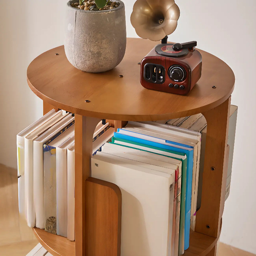Narrow Rotating Cherry Wood Vertical Bookcase With Drawer
