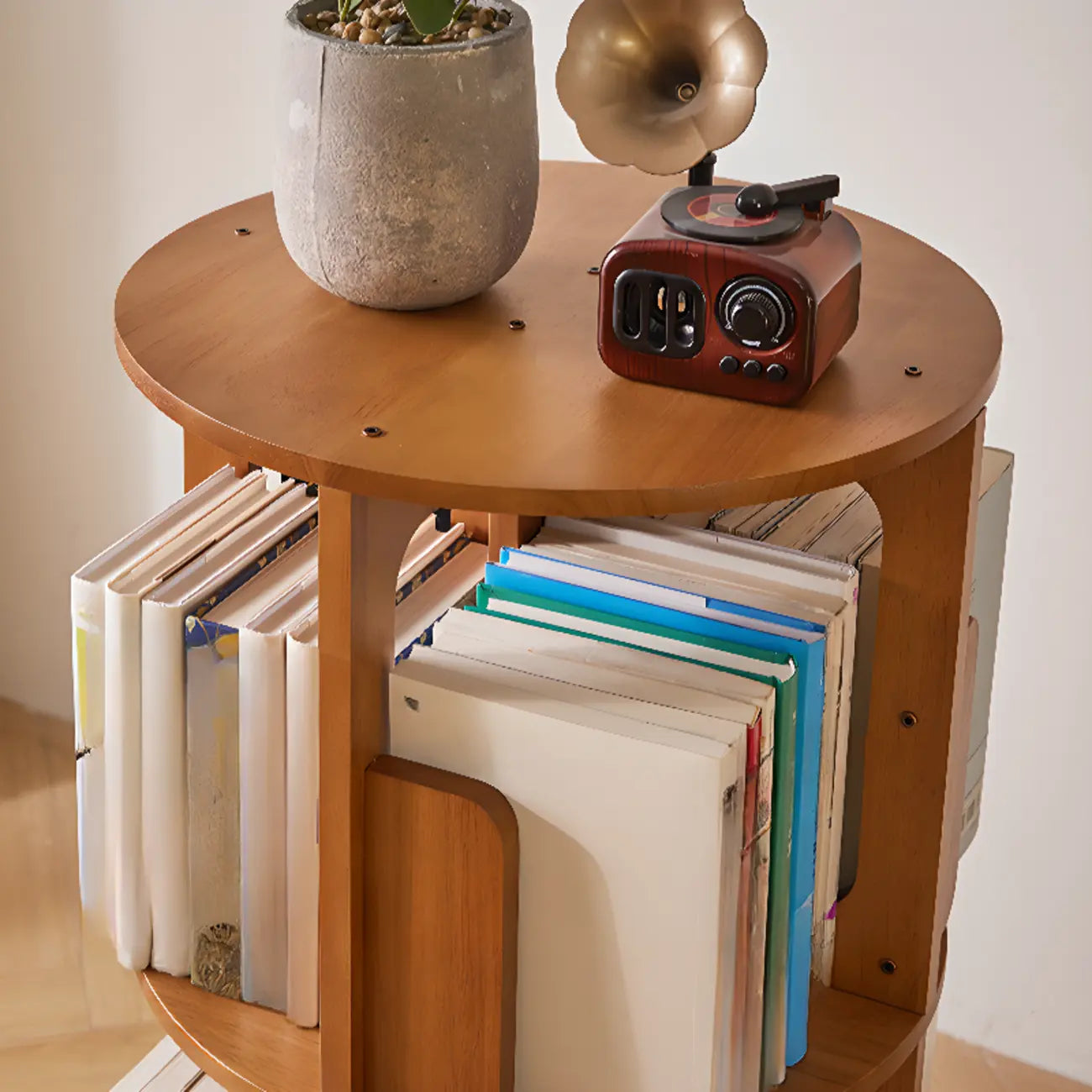 Narrow Rotating Cherry Wood Vertical Bookcase With Drawer