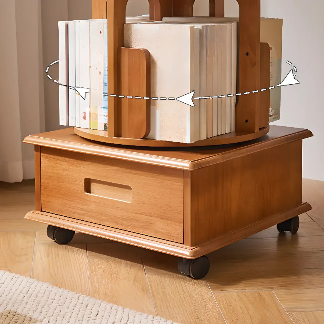 Narrow Rotating Cherry Wood Vertical Bookcase With Drawer