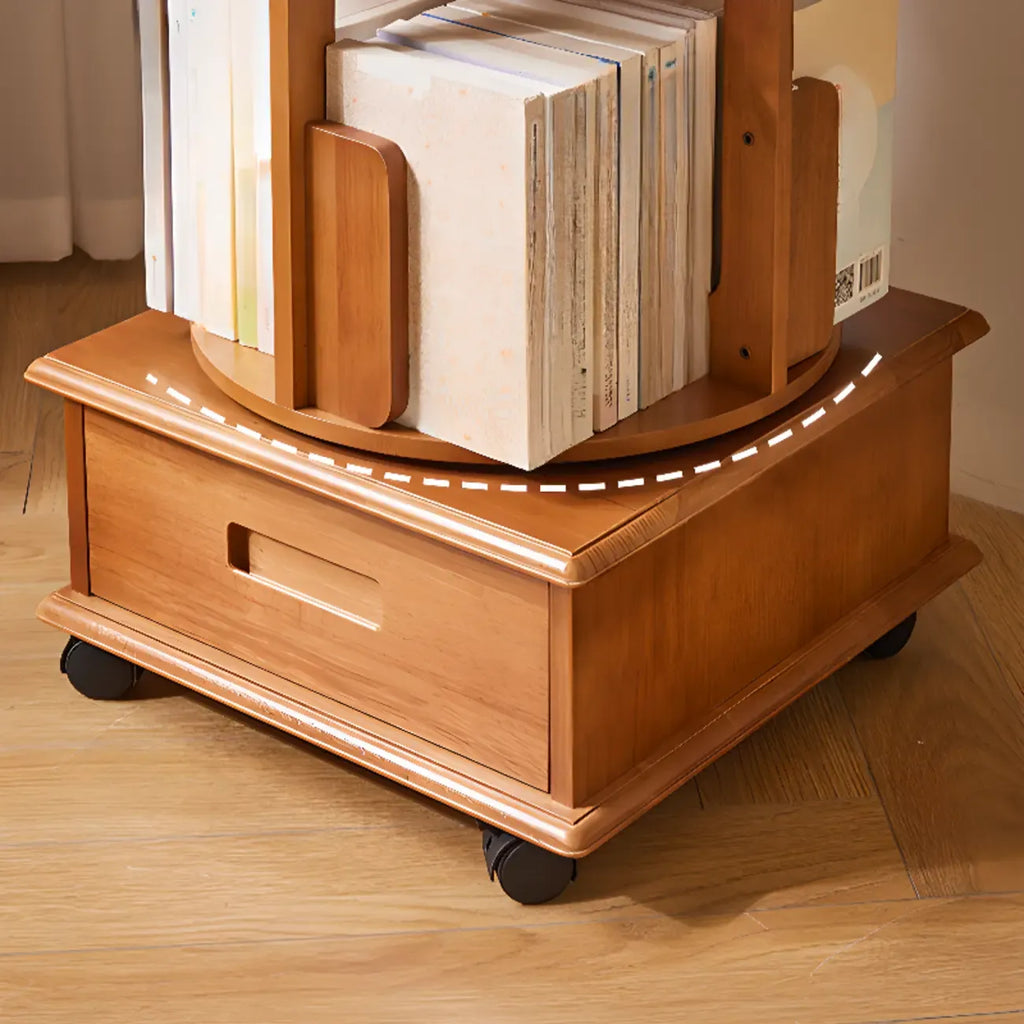 Narrow Rotating Cherry Wood Vertical Bookcase With Drawer