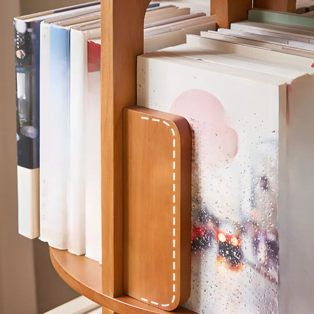 Narrow Rotating Cherry Wood Vertical Bookcase With Drawer