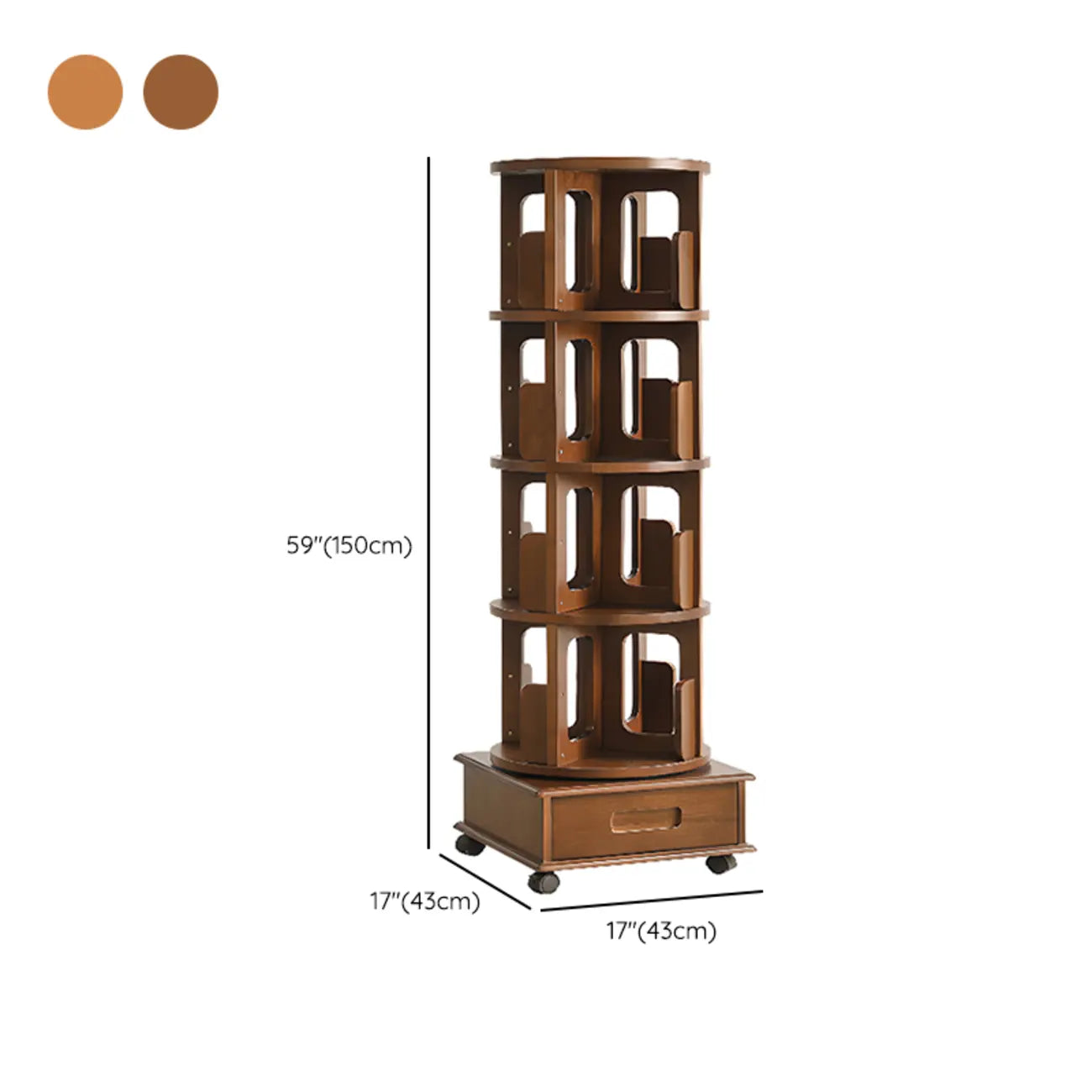 Narrow Rotating Cherry Wood Vertical Bookcase With Drawer