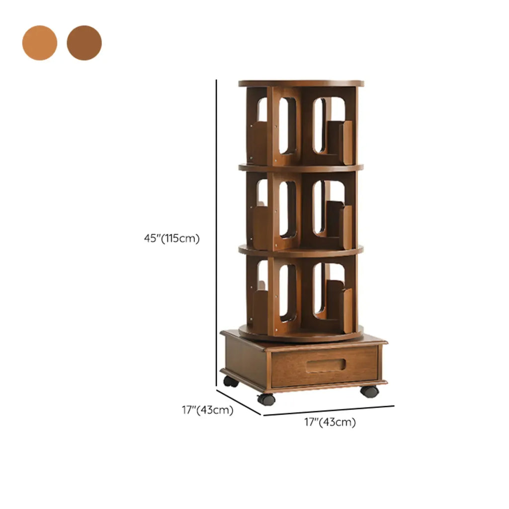 Narrow Rotating Cherry Wood Vertical Bookcase With Drawer