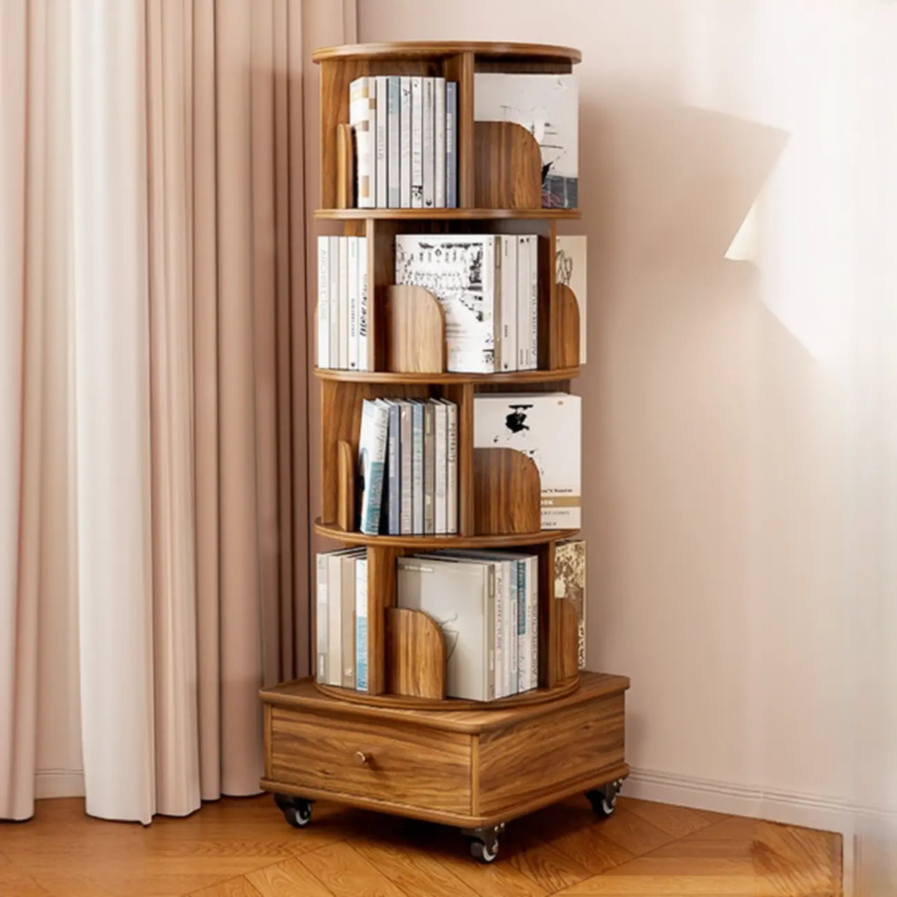Unique Rotating Closed Back Wooden Storage Bookcase