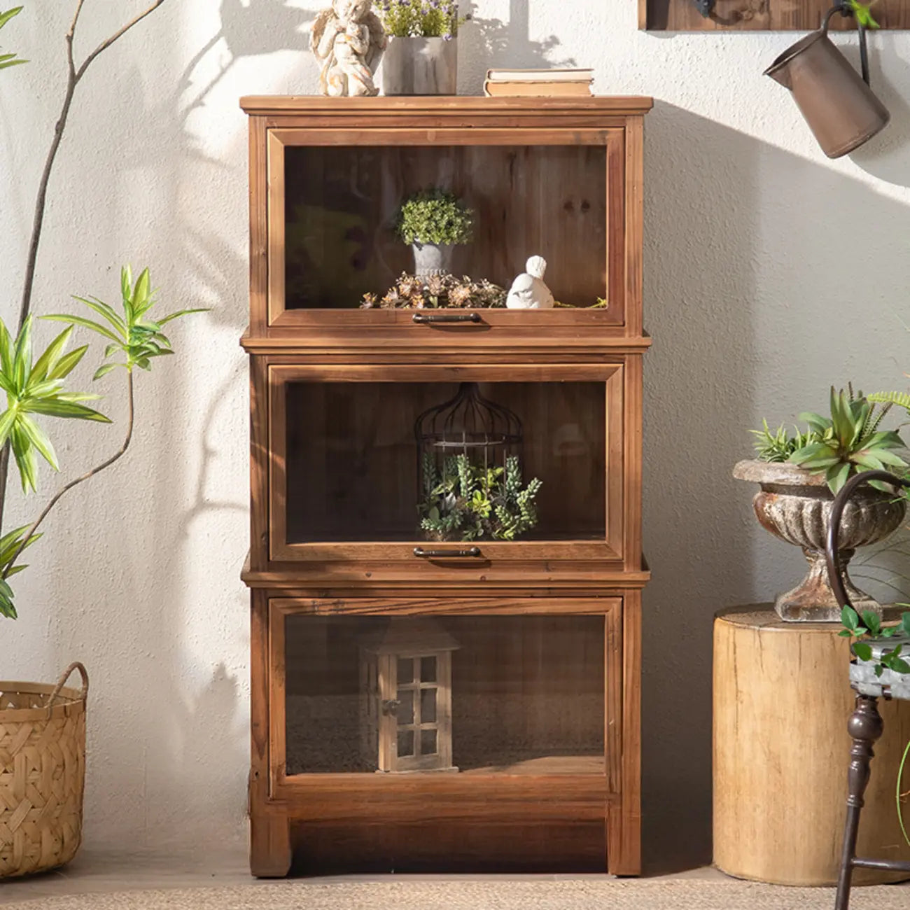 Traditional Multi-Shelves Brown Wooden Flip-Up China Cabinet