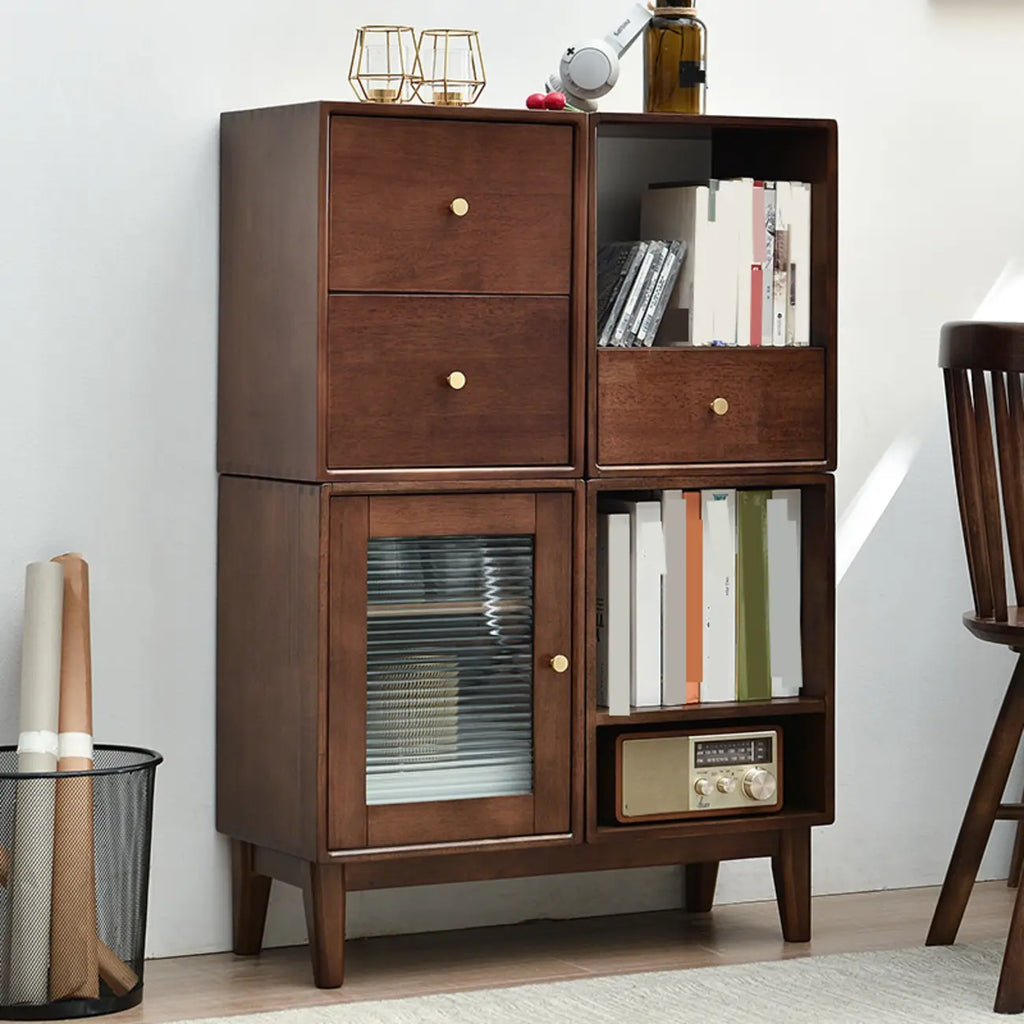 Narrow Modern Wood Brown Vertical Bookcase with Drawers