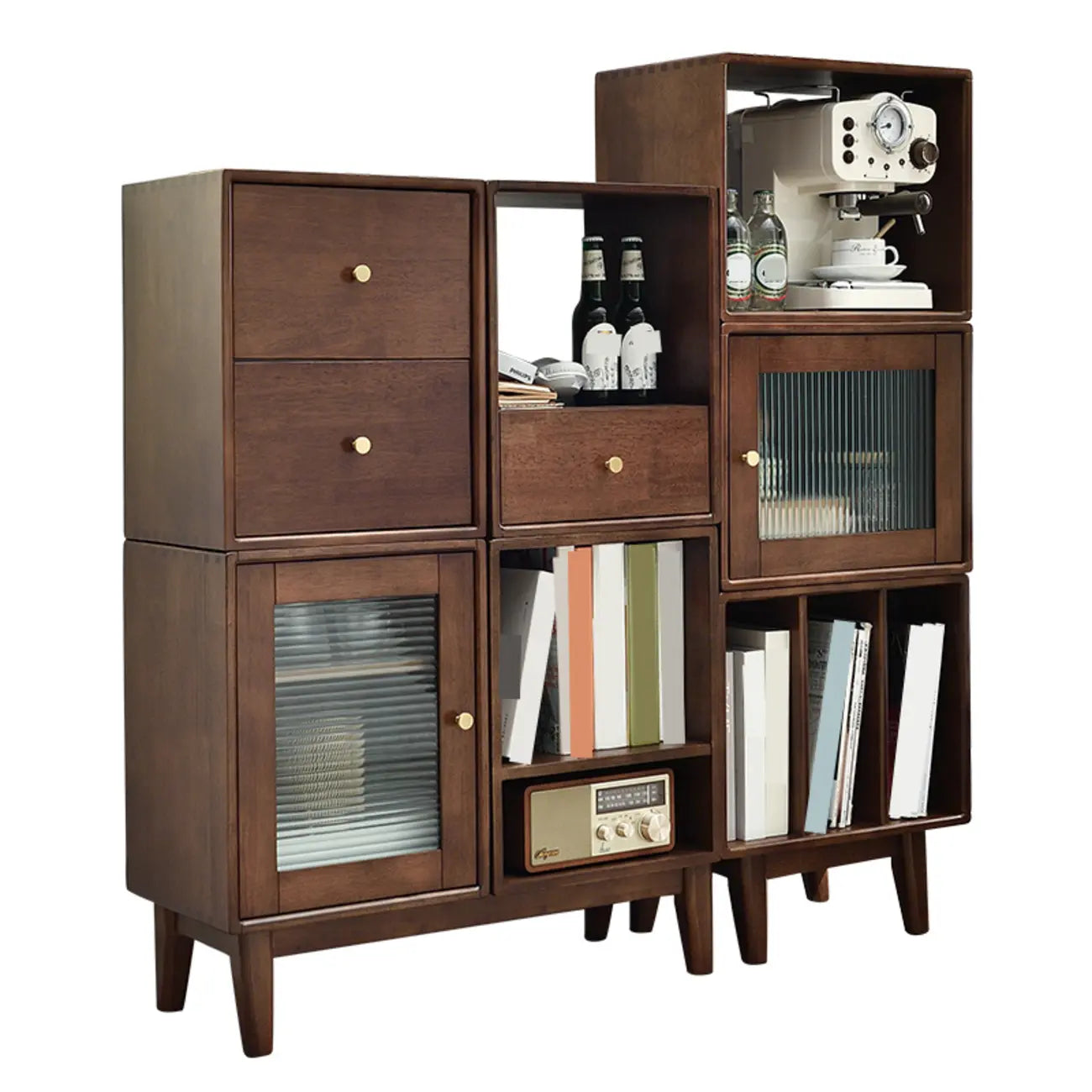 Narrow Modern Wood Brown Vertical Bookcase with Drawers