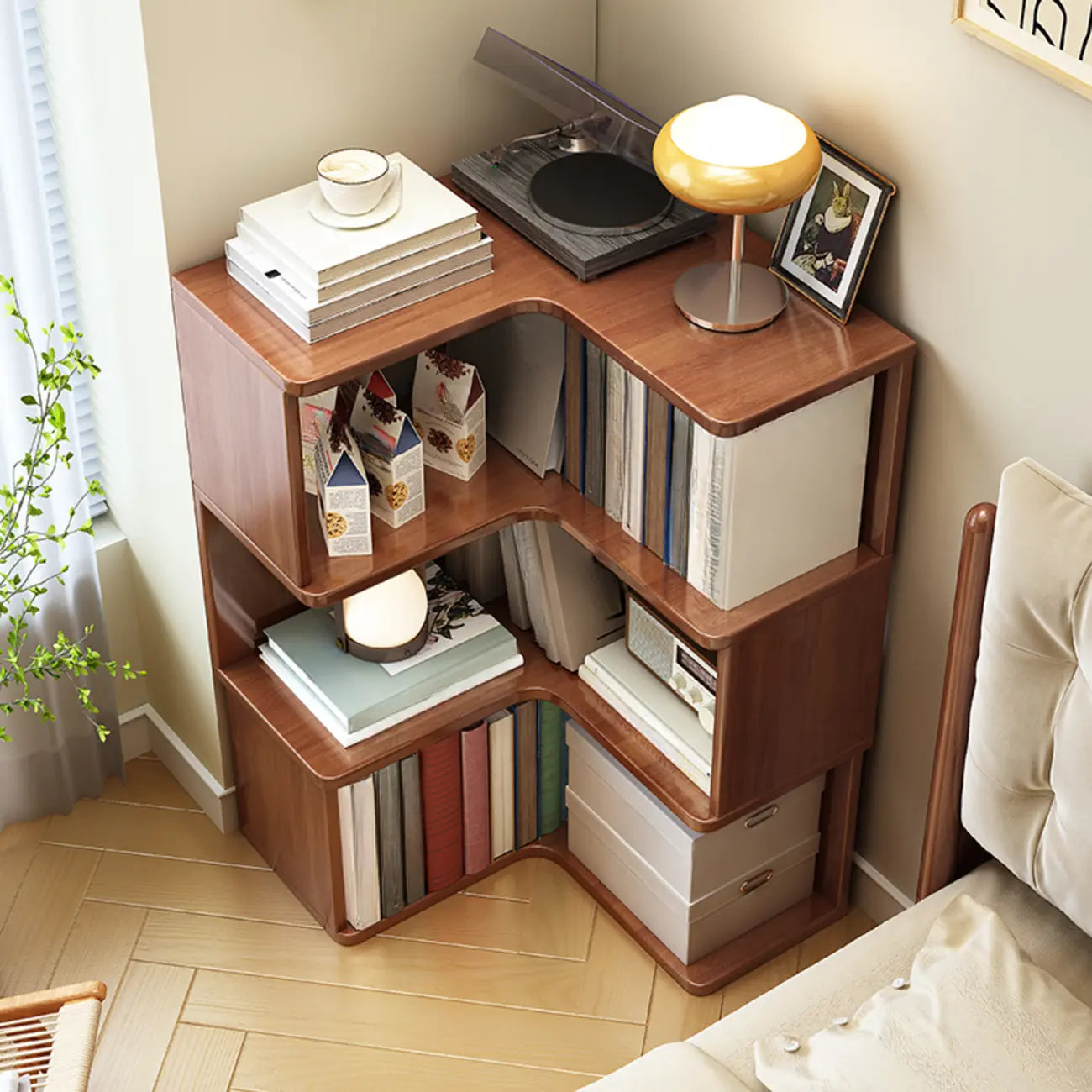 Minimalism Vertical Brown Wood Corner Bookcase