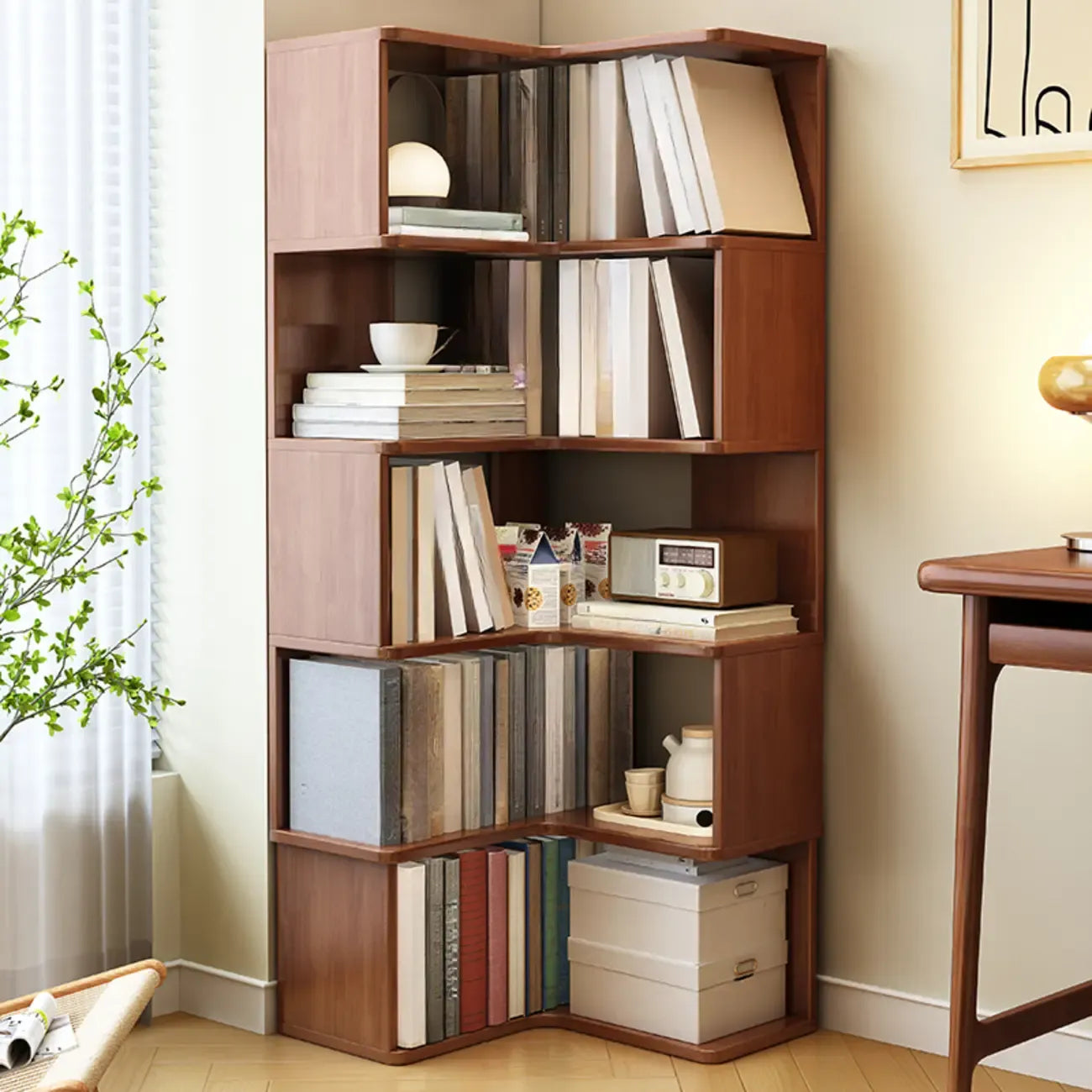 Minimalism Vertical Brown Wood Corner Bookcase