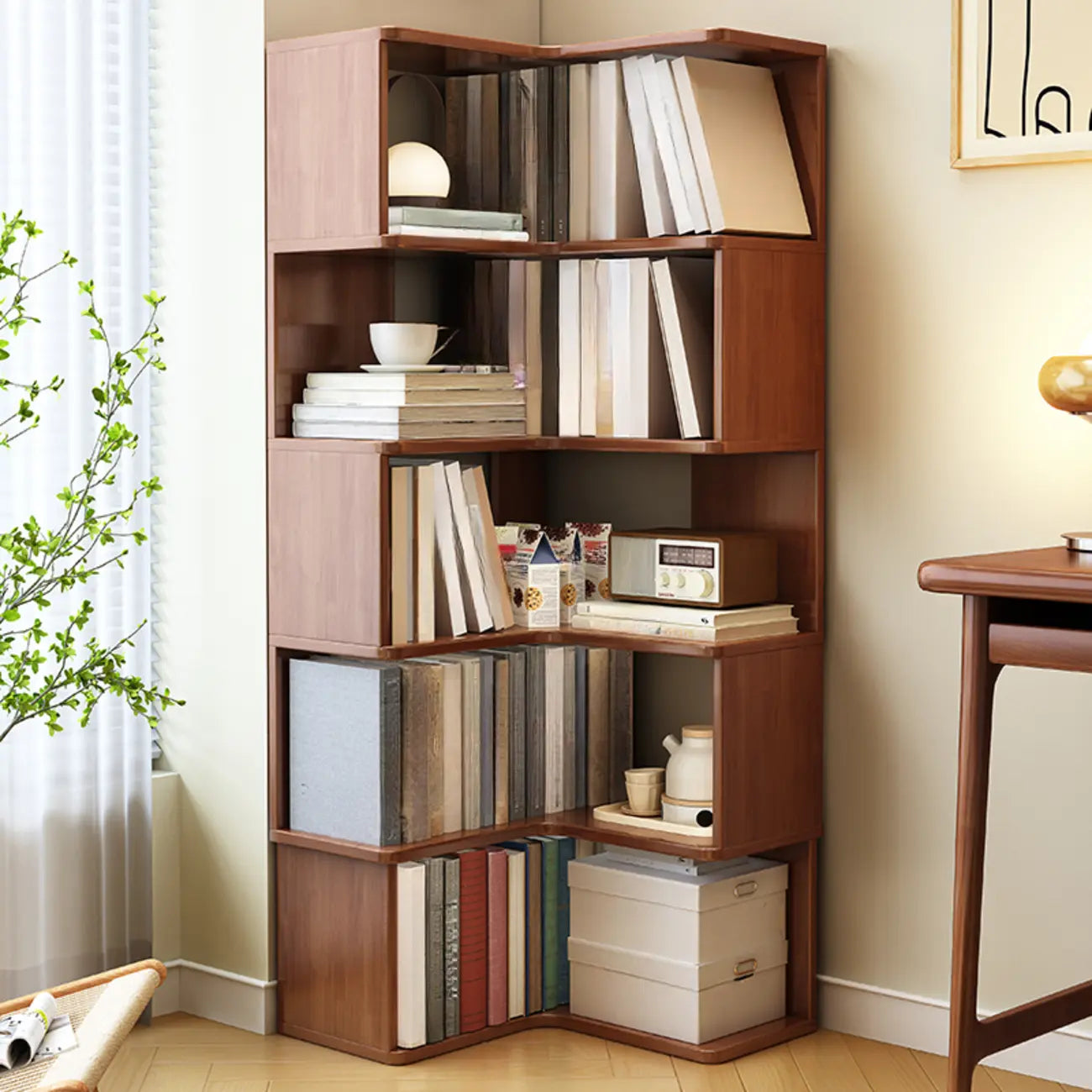 Minimalism Vertical Brown Wood Corner Bookcase