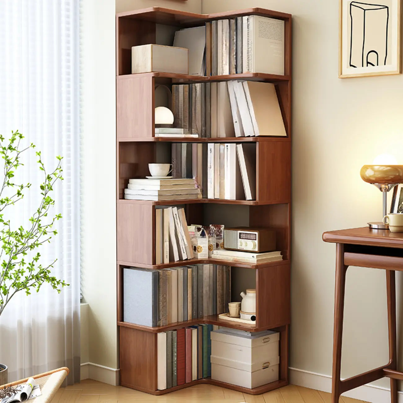 Minimalism Vertical Brown Wood Corner Bookcase