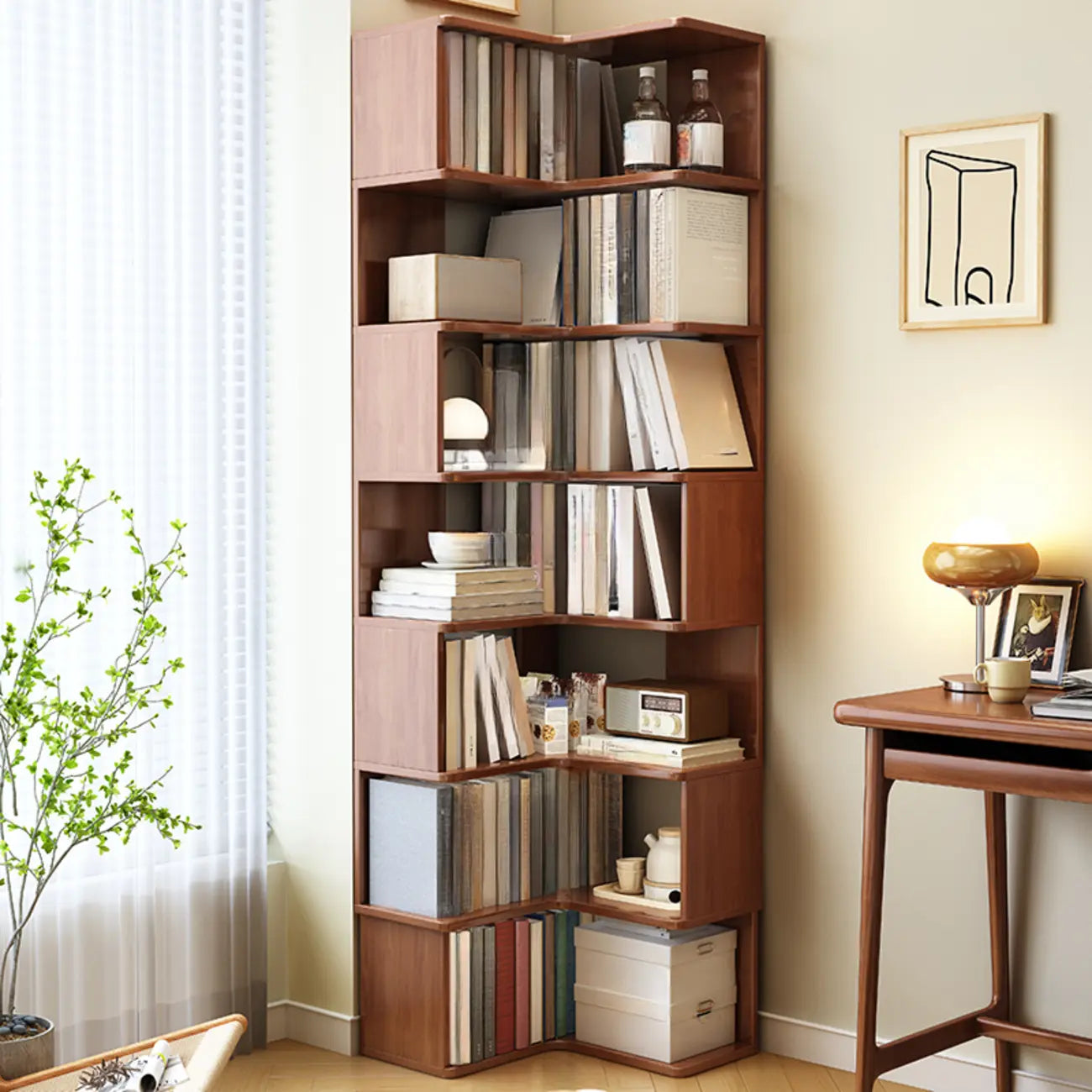 Minimalism Vertical Brown Wood Corner Bookcase