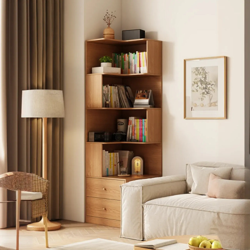 Modern Sepia Timber Corner Bookcase with 2 Drawers