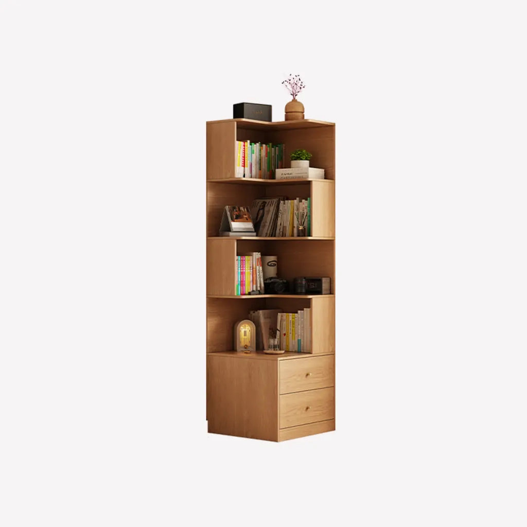 Modern Sepia Timber Corner Bookcase with 2 Drawers