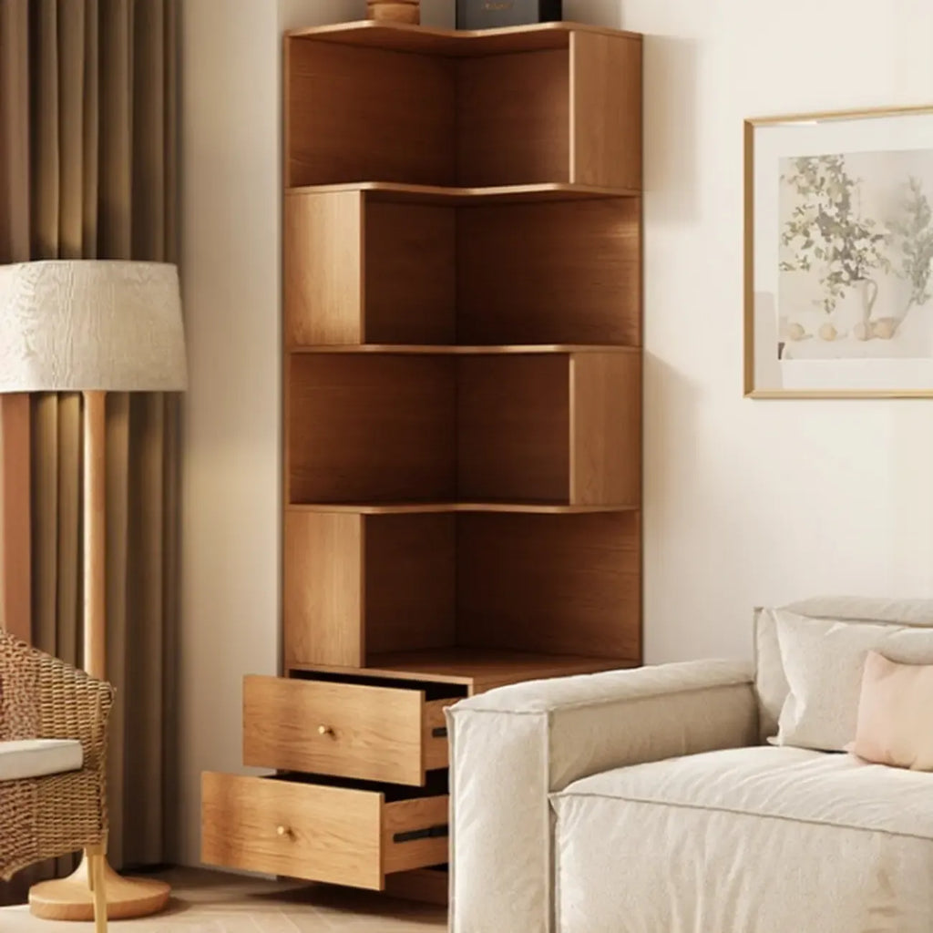 Modern Sepia Timber Corner Bookcase with 2 Drawers