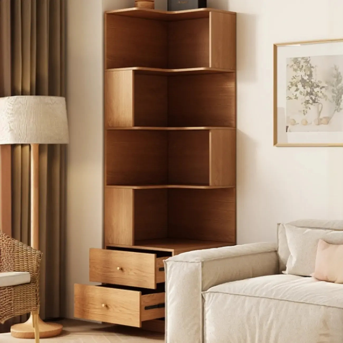 Modern Sepia Timber Corner Bookcase with 2 Drawers