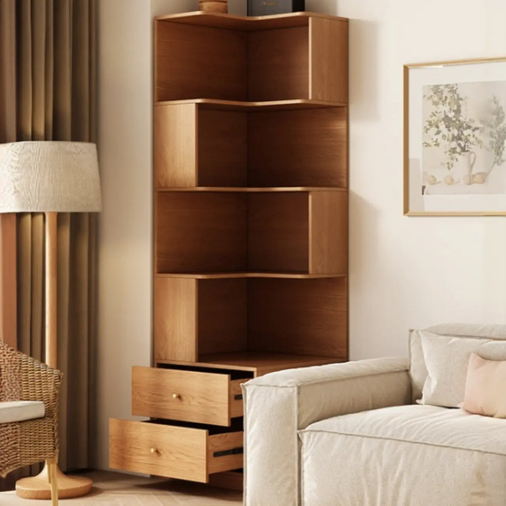 Modern Sepia Timber Corner Bookcase with 2 Drawers