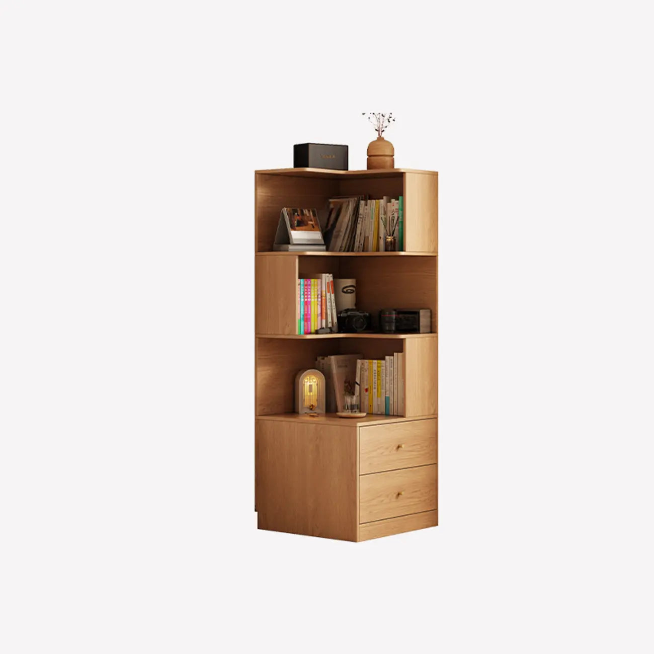 Modern Sepia Timber Corner Bookcase with 2 Drawers