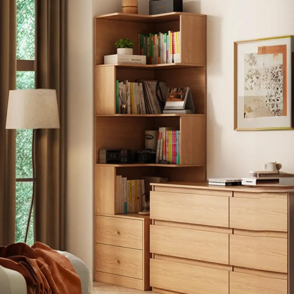 Modern Sepia Timber Corner Bookcase with 2 Drawers