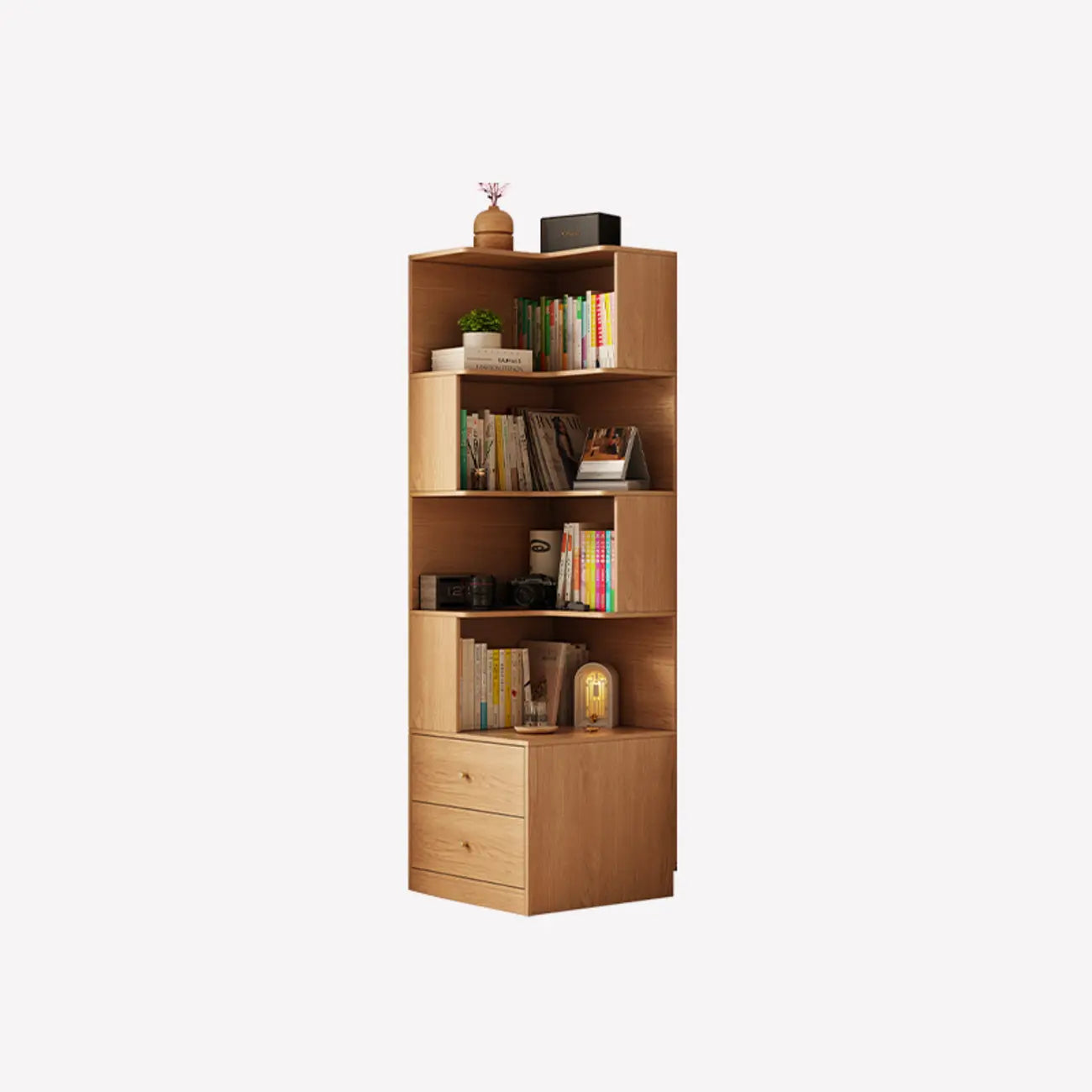 Modern Sepia Timber Corner Bookcase with 2 Drawers