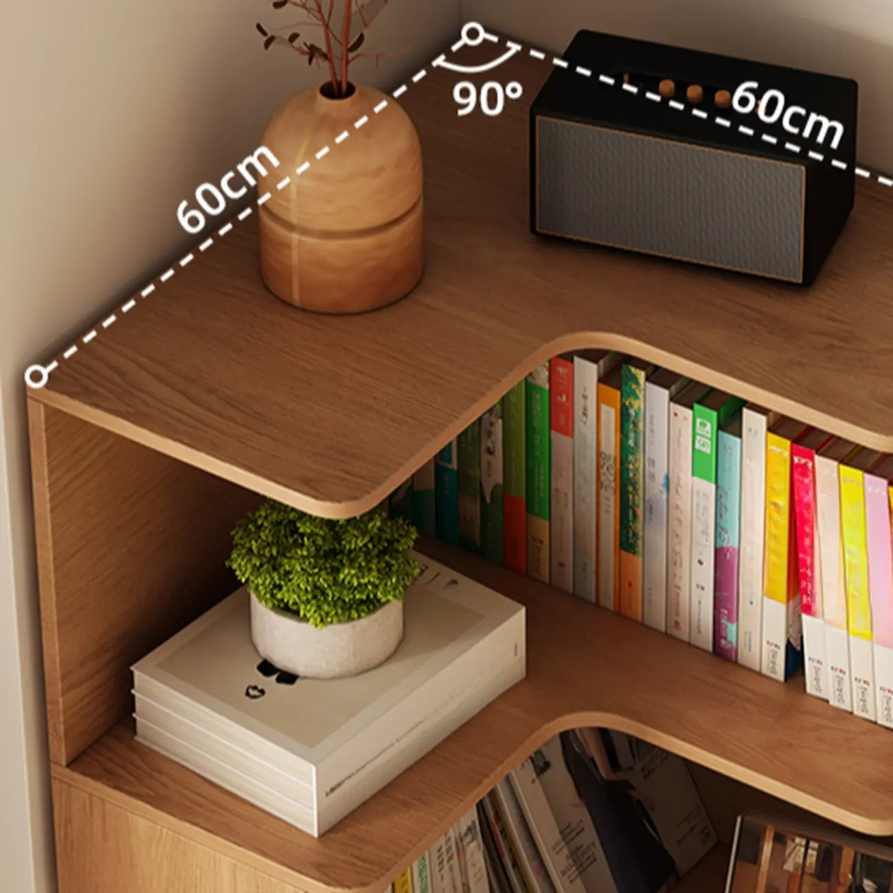 Modern Sepia Timber Corner Bookcase with 2 Drawers