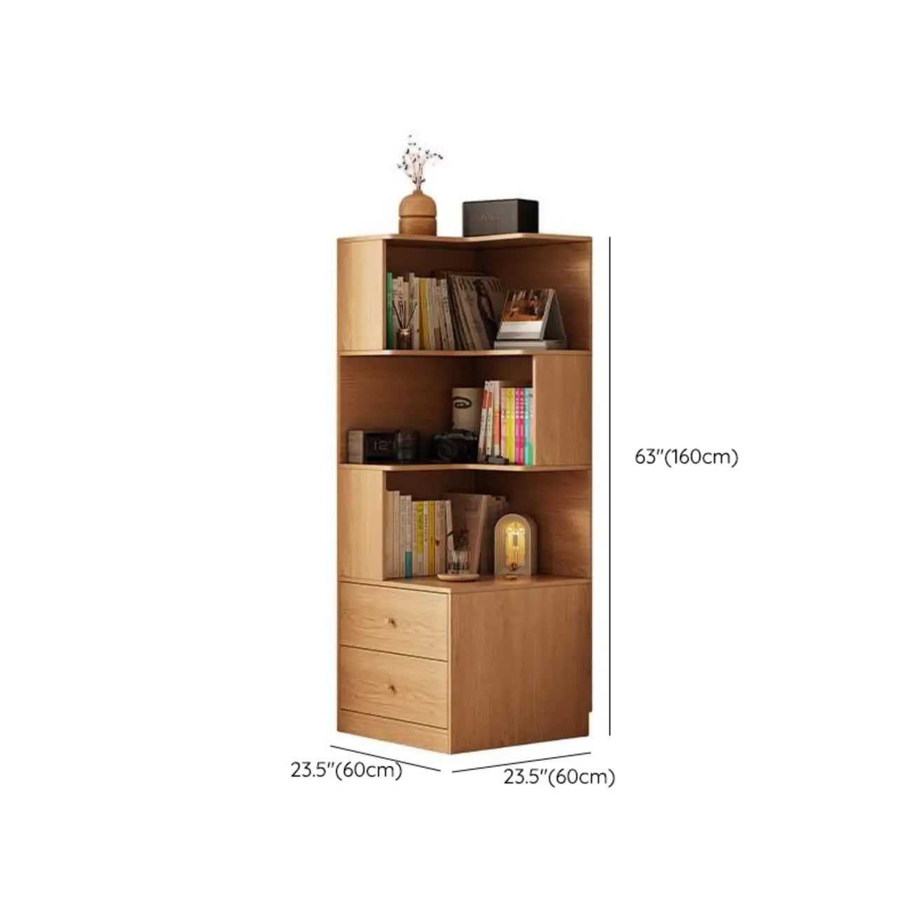 Modern Sepia Timber Corner Bookcase with 2 Drawers