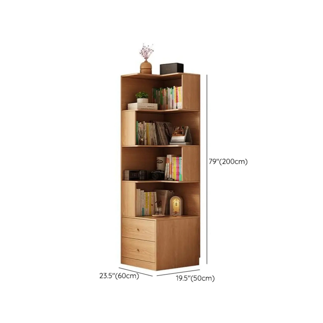 Modern Sepia Timber Corner Bookcase with 2 Drawers