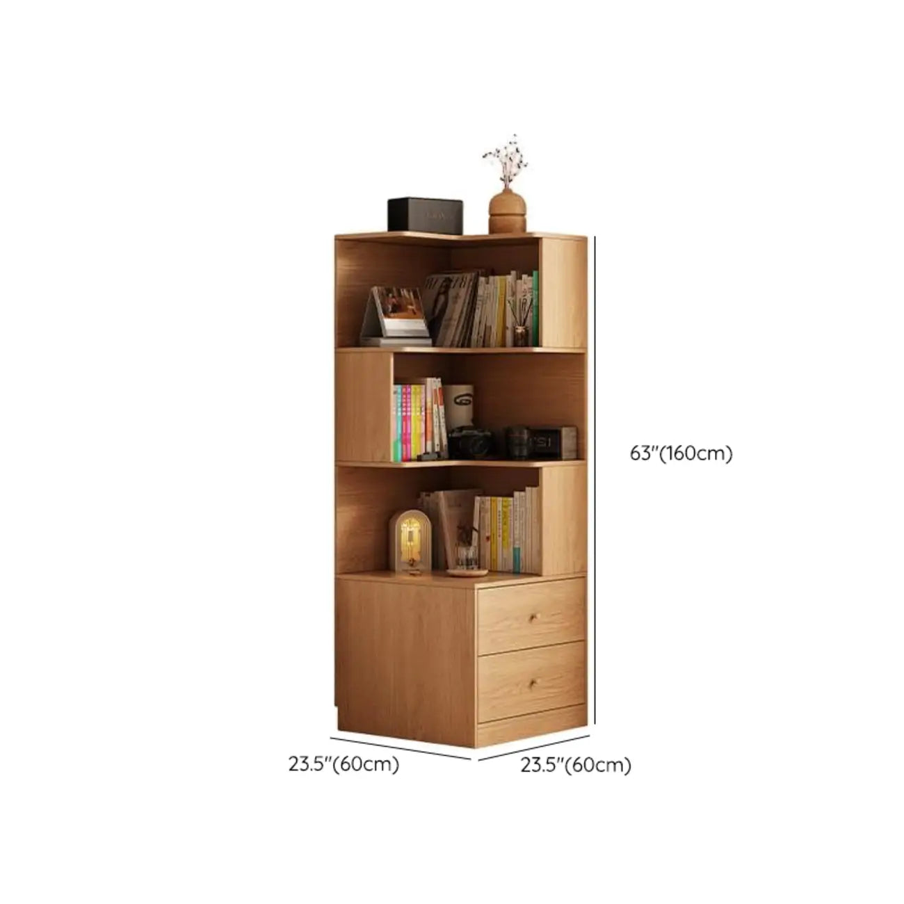 Modern Sepia Timber Corner Bookcase with 2 Drawers