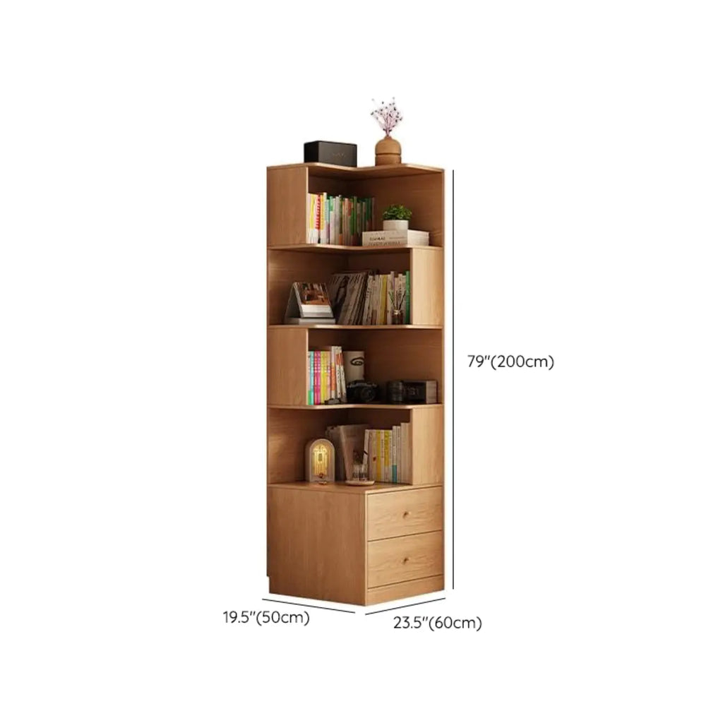 Modern Sepia Timber Corner Bookcase with 2 Drawers
