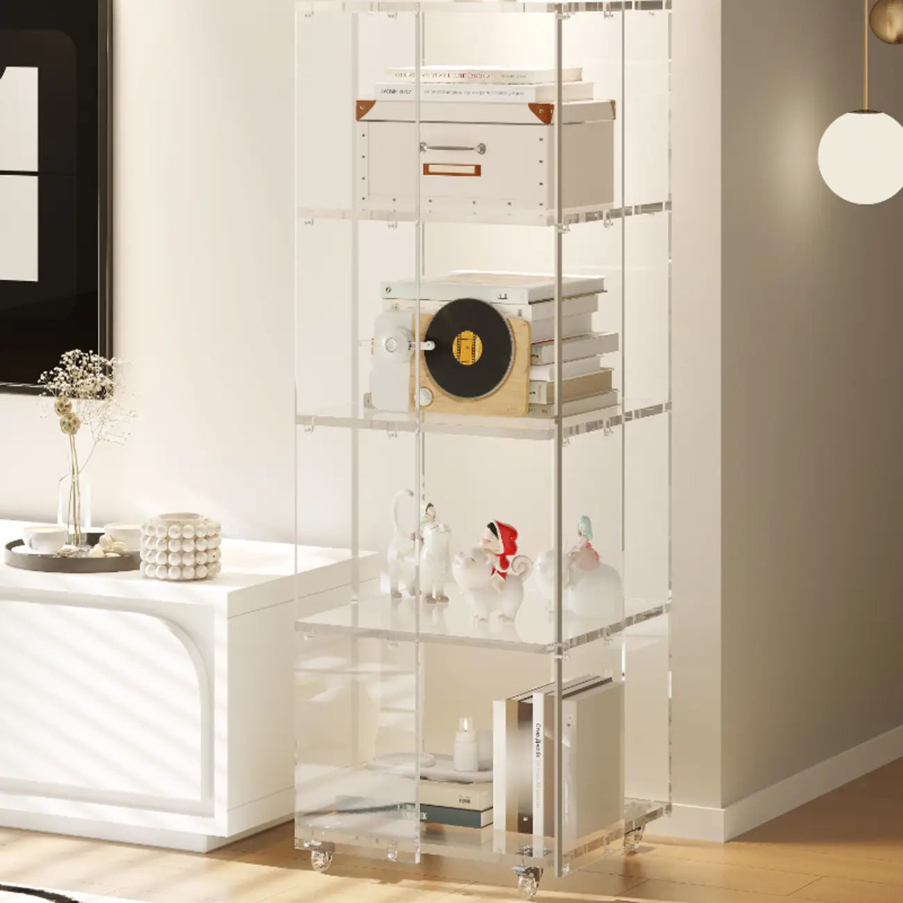 Modern Clear Lucite Vertical Etagere Rolling Bookshelf