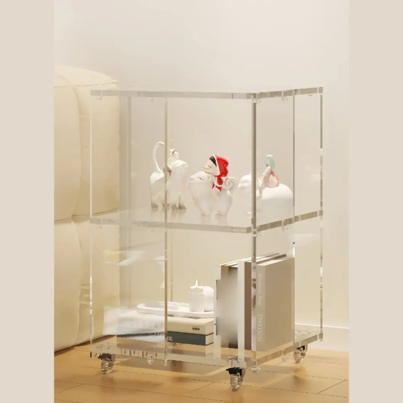 Modern Clear Lucite Vertical Etagere Rolling Bookshelf