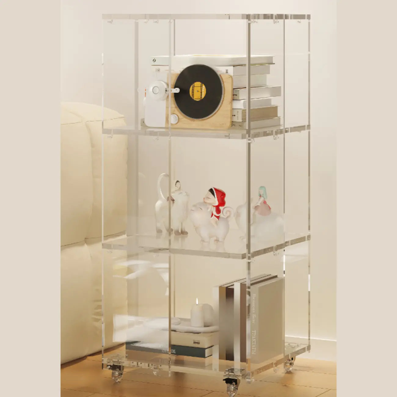 Modern Clear Lucite Vertical Etagere Rolling Bookshelf
