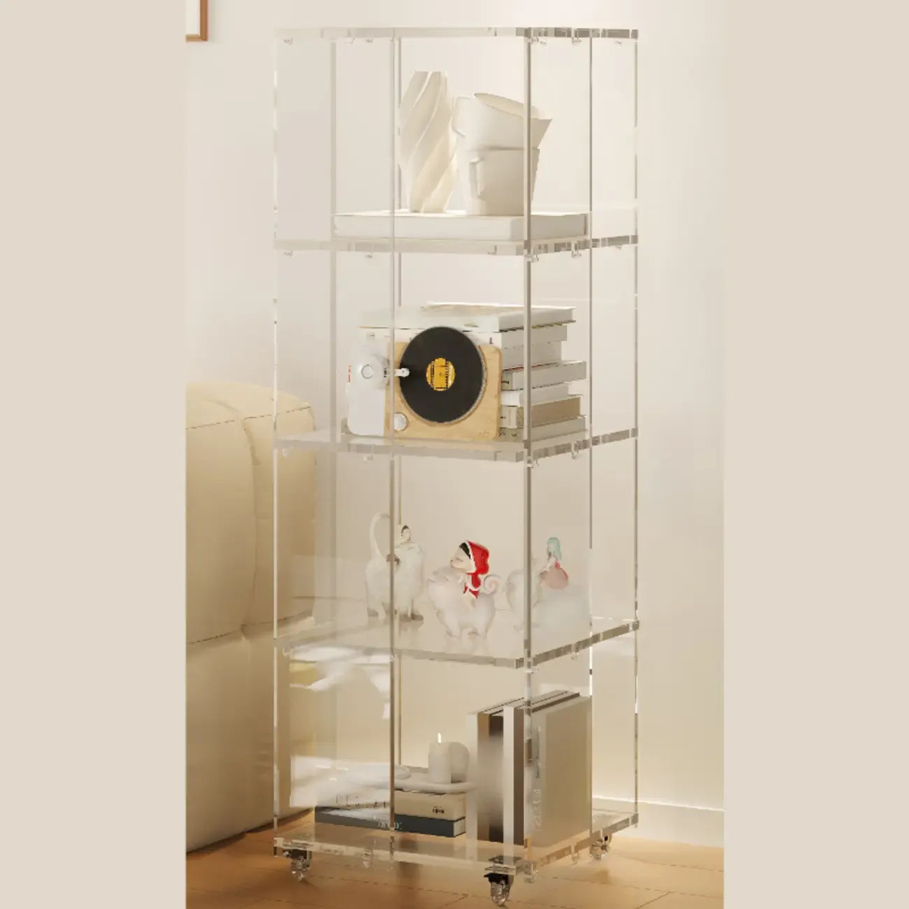 Modern Clear Lucite Vertical Etagere Rolling Bookshelf