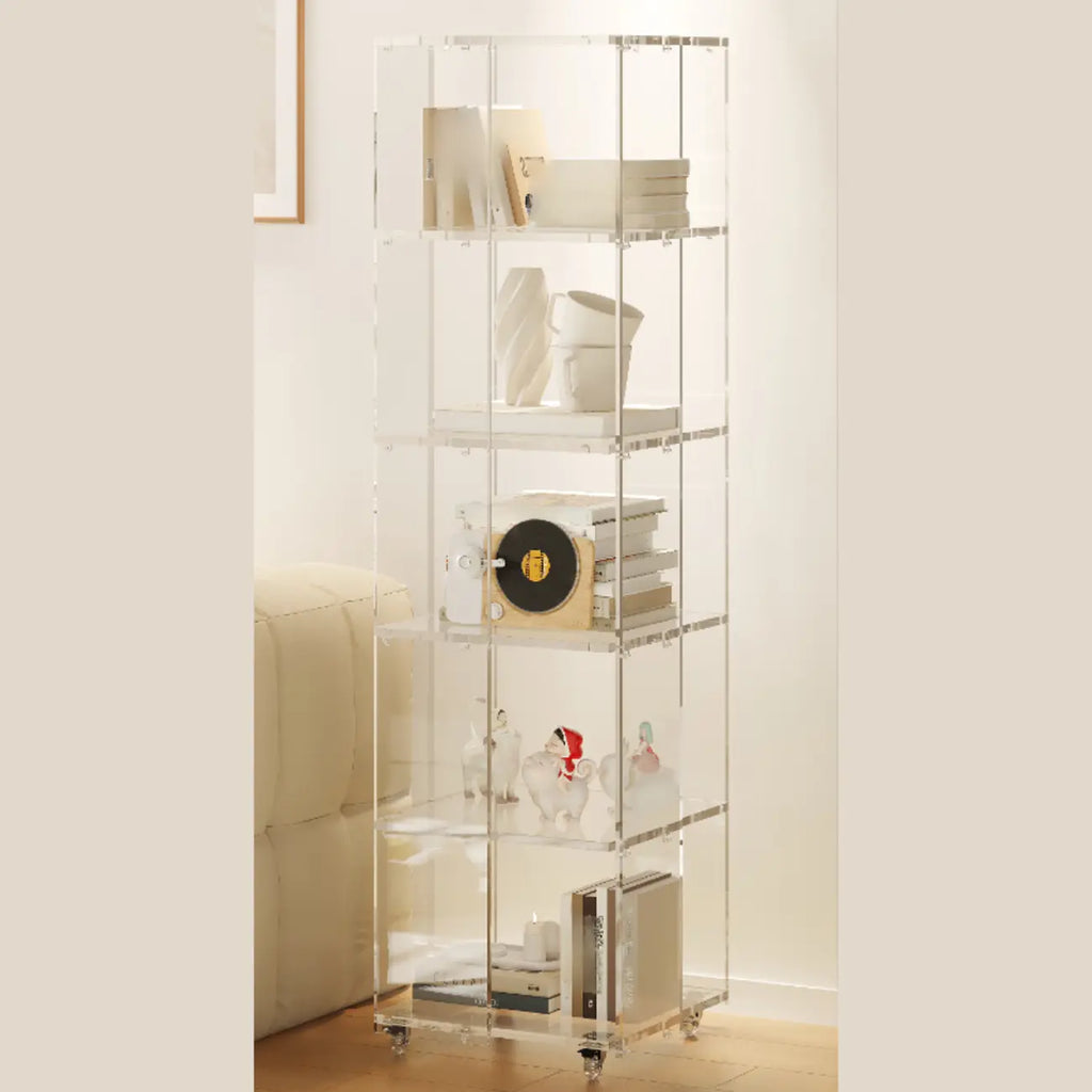 Modern Clear Lucite Vertical Etagere Rolling Bookshelf