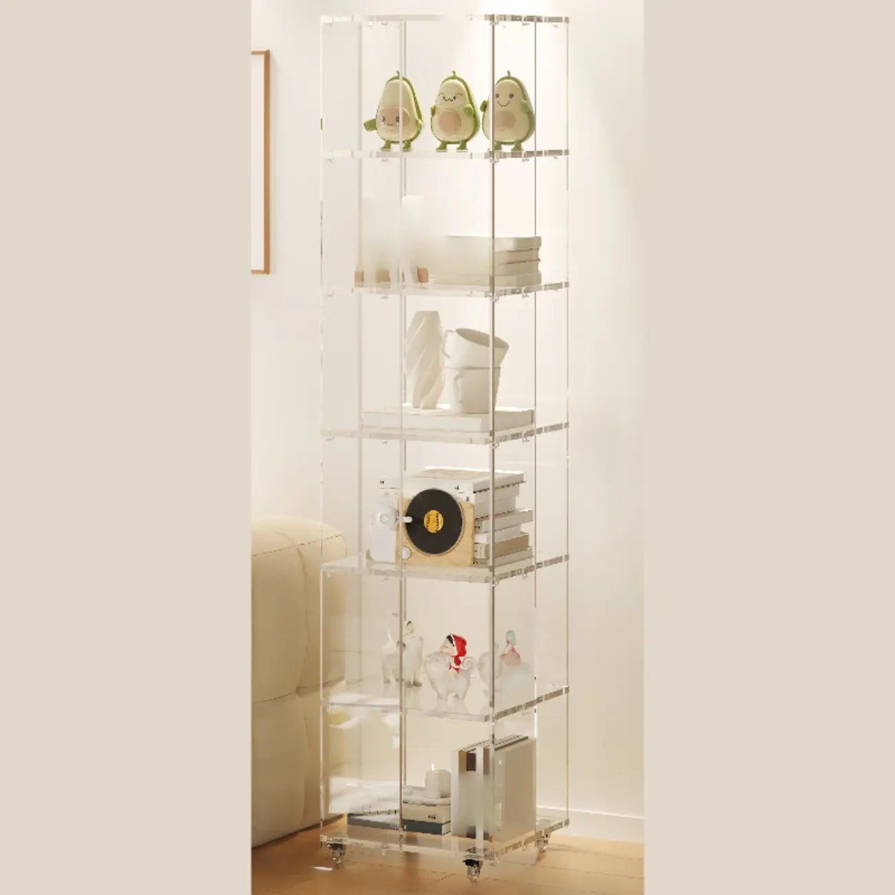 Modern Clear Lucite Vertical Etagere Rolling Bookshelf