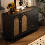 Traditional 3-Layer Rattan Wooden Black Sideboard Cabinet