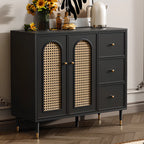 Traditional 3-Layer Rattan Wooden Black Sideboard Cabinet