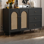 Traditional 3-Layer Rattan Wooden Black Sideboard Cabinet