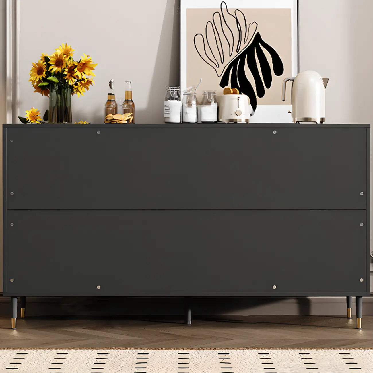 Traditional 3-Layer Rattan Wooden Black Sideboard Cabinet