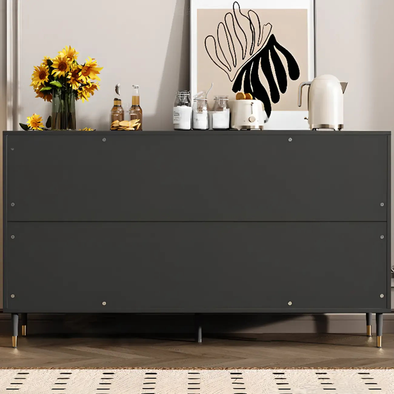 Traditional 3-Layer Rattan Wooden Black Sideboard Cabinet